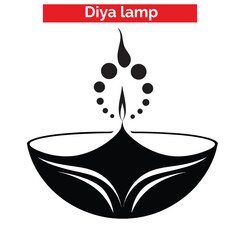 Black and white vector illustration of a traditional Diya oil lamp with decorative patterns, flame, and stars for Diwali celebrations.
