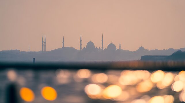 Istanbul skyline silhouette at dusk with hazy sky and blurred lights sunset
