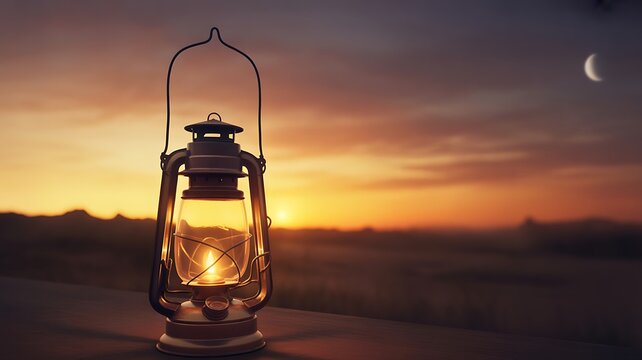 Lit Oil Lantern Stands On Table Against Dramatic Sunset Sky With Crescent Moon lamp light