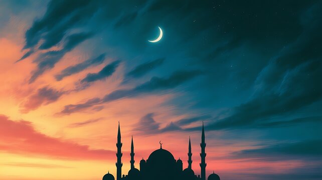 Mosque silhouette under dramatic cloudy sky with crescent moon at sunset islam islamic