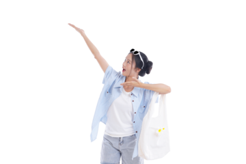 Curious Traveler's Discovery: A young woman, radiating excitement, gestures towards an unseen wonder, hinting at the thrill of travel and exploration.
