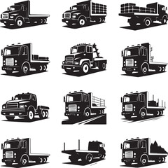 Collection of black and white vector trucks with different body types