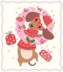 Christmas Dachshund Dog in Pink Wreath Hand Drawn Festive Cartoon Illustration Greeting card printable