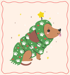 Christmas Dachshund Dog in Green Scraf Christmas Tree aliked Hand Drawn Festive Cartoon Illustration Greeting card printable