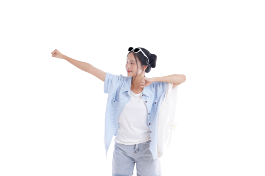 Joyful Gesture: A young woman, brimming with positive energy, joyfully extends her arm in a gesture of freedom and happiness.