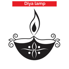 Black and white vector illustration of a traditional Diya oil lamp with decorative patterns, flame, and stars for Diwali celebrations.