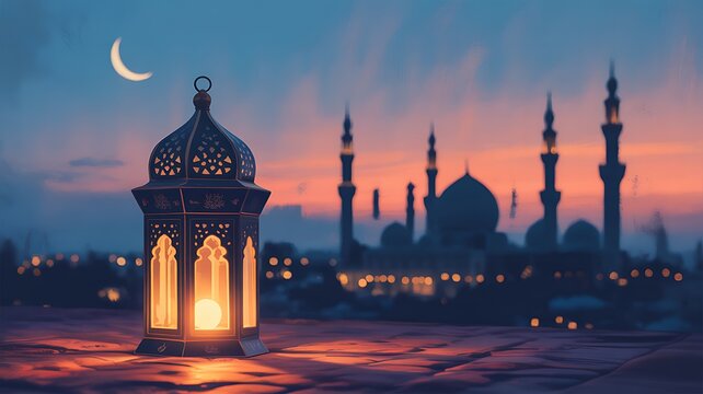 Ramadan lantern and crescent moon over mosque silhouette at dusk image photo
