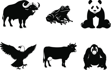Naklejka premium Animal silhouette set, bird, amphibian, and wild mammal vector icons, buffalo, frog, panda, eagle, cow, gorilla