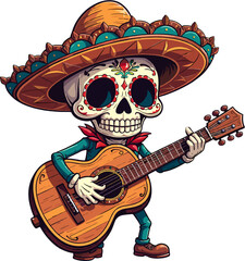 mexican skeleton musician wearing sombrero and playing guitar illustration representing d&iacute;a de los muertos celebration and traditional mariachi art
