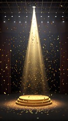 spotlight on stage with gold party popper
