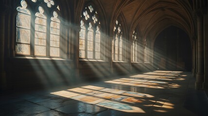 Sunlight streaming through arched gothic windows creating dramatic light patterns on floor rays beams