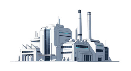 Futuristic Industrial Plant with Tall Chimneys and Modern Architecture.