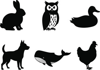 Animal silhouette set, bird, marine, and mammal vector icons, rabbit, owl, duck, dog, whale, chicken, black design
