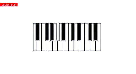 Graphic illustration of a piano keyboard with black and white keys.