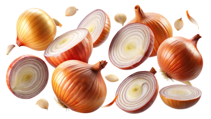 Freshly sliced yellow onions and garlic cloves scattered artfully for culinary inspiration