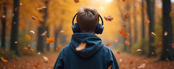 Young boy walks through beautiful autumn forest path, wearing modern black over-ear headphones. Teen listens to music, surrounded by bright falling orange maple leaves. Person enjoys tranquil woods