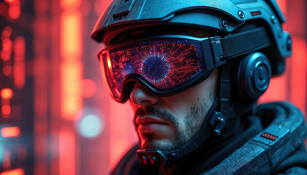 Close-up photo of person wearing futuristic goggles helmet with digital display. Concept of cyber warfare tech security. Modern soldier in advanced combat gear in red lighting environment.
