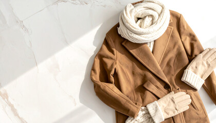 Brown Wool Coat with Cream Scarf and Gloves for Winter Fashion Editorial and Social Ads  