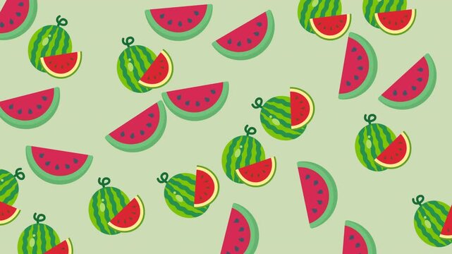 Bright seamless pattern with whole and sliced watermelons on a green background. Perfect for summer designs, packaging, textiles, wallpapers, and digital backgrounds.