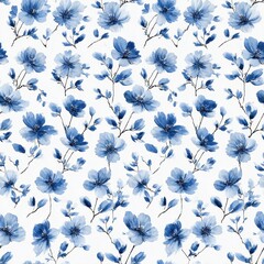 Obraz premium Seamless pattern featuring hand-painted blue watercolor flowers and branches on a white background, ideal for textile or wallpaper design.