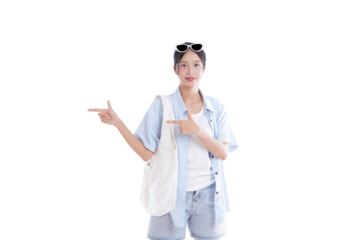 Pointing the way: A radiant traveler, bearing a casual satchel and smart sunglasses, gestures with both hands to show an important direction.