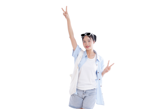 Joyful Traveler Expressing Peace: A cheerful traveler joyfully flashing the peace sign, radiating a sense of freedom and adventure. Capturing the essence of wanderlust and optimistic outlook.