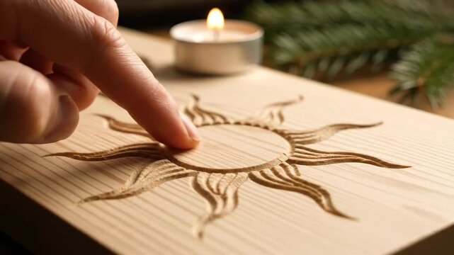 Finger tracing carved sun design on wooden panel with candlelight   - Concept of Winter Solstice  
