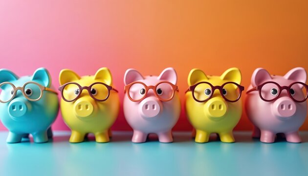 Six cute colorful piggy banks wear small round eyeglasses in neat row. Represent smart financial planning, wise investment decisions, saving money for secure future. Pig bank different smart money