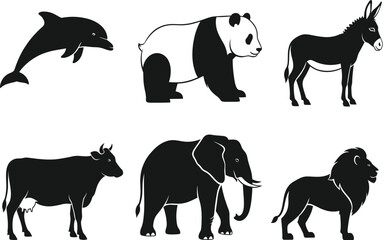 Animal silhouette set, dolphin, panda, donkey, cow, elephant, lion, black vector icons, wildlife clipart, isolated shapes, commercial use