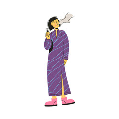 Woman Wearing Long Purple Striped Dress and Pink Boots Exhaling Smoke From Vape Device While Standing Against White Background Stylized Illustration With Transparent Background