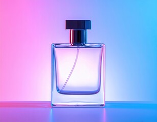 Elegant perfume bottle with a modern design and a vibrant, colorful background