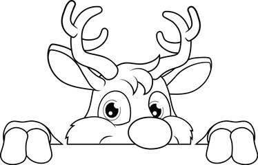Adorable Christmas reindeer peeking over a ledge coloring page. Perfect festive printable for kids holiday crafts, winter classroom art, or fun reindeer-themed Christmas coloring activities.