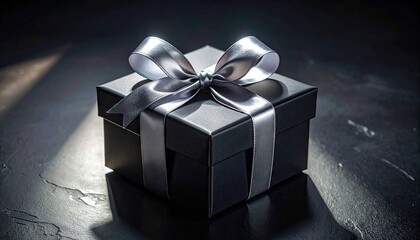 Elegant Black Gift Box with Silver Ribbon on Dark Textured Surface in Dramatic Light