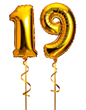 数字の19の形の金色の風船とリボン（Number 19 gold foil balloon on white background）
