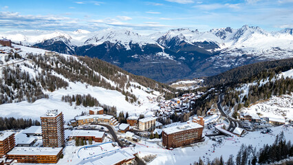 Aerial view of Skiing area of Paradiski, La Plagne, France Alpes