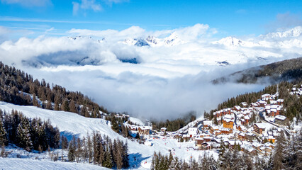 Aerial view of Skiing area of Paradiski, La Plagne, France Alpes