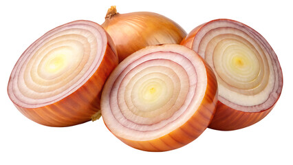 Fresh onion halved and whole showing distinct inner layers detailed view isolated for culinary use