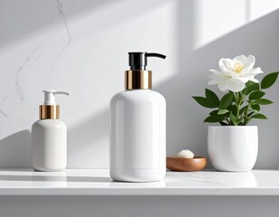 Elegant white soap dispensers with gold accents and a white flower