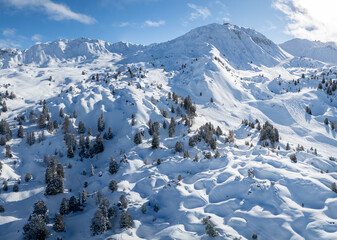 Aerial view of Skiing area of Paradiski, La Plagne, France Alpes