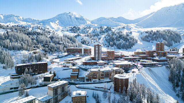 Aerial view of Skiing area of Paradiski, La Plagne, France Alpes