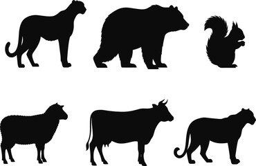 Animal silhouette set, farm and wild vector icons, cheetah, bear, squirrel, cow, sheep, black graphic nature design