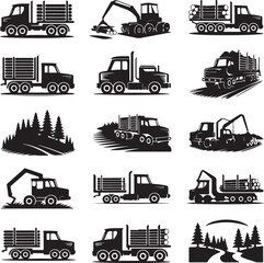 Collection of vector logging truck and forestry equipment icons set