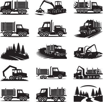 Collection of vector logging truck and forestry equipment icons set