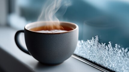 Cozy cup of tea or coffee on a frosty windowsill