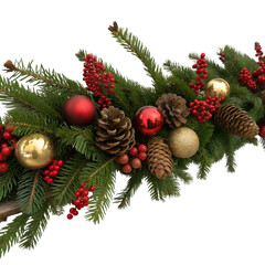 Festive christmas garland with pine cones and ornaments isolated on transparent background
