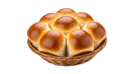 Golden Brown Dinner Rolls, Arranged in a Wicker Basket, isolated on white or transparent background. PNG