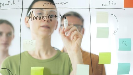 Professional businesswoman wearing glasses writing on glass board, marking strategic plan with sticky notes while colleagues brainstorming in background
