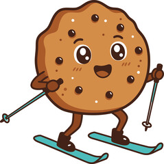 Funny Cookie Skiing Clipart &ndash; Cute Cartoon Chocolate Chip Cookie Character Doing Winter Sports