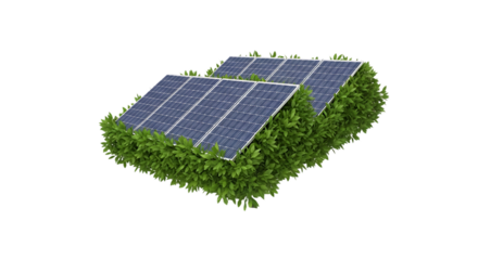 Array of blue solar panels, nestled within vibrant green foliage, isolated on white or transparent background. PNG