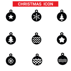 Hanging Christmas tree ball with snowflake icon. Black silhouette.Christmas ball icon. Set of christmas balls. Christmas ball icons in flat linear design.